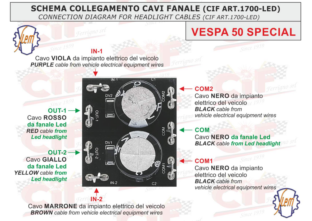 Faro fanale anteriore led con plastica originale Siem per Vespa 50 Special 12 VOLT