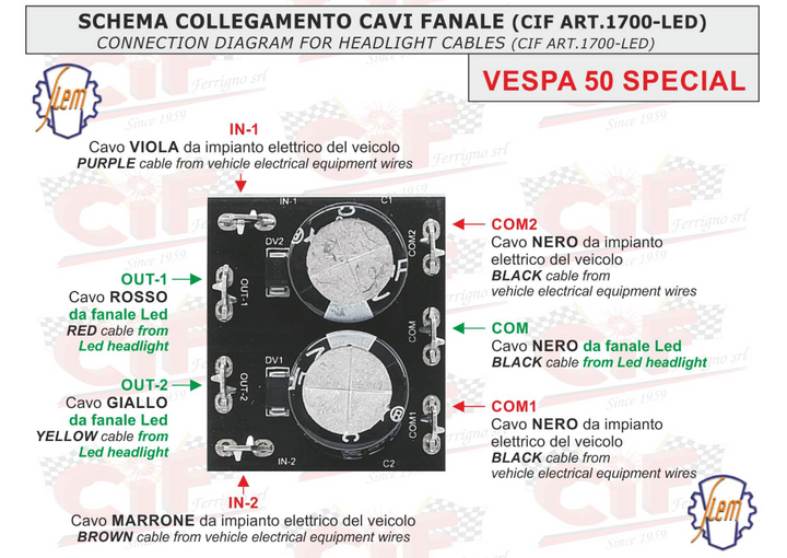 Faro fanale anteriore led con plastica originale Siem per Vespa 50 Special 12 VOLT